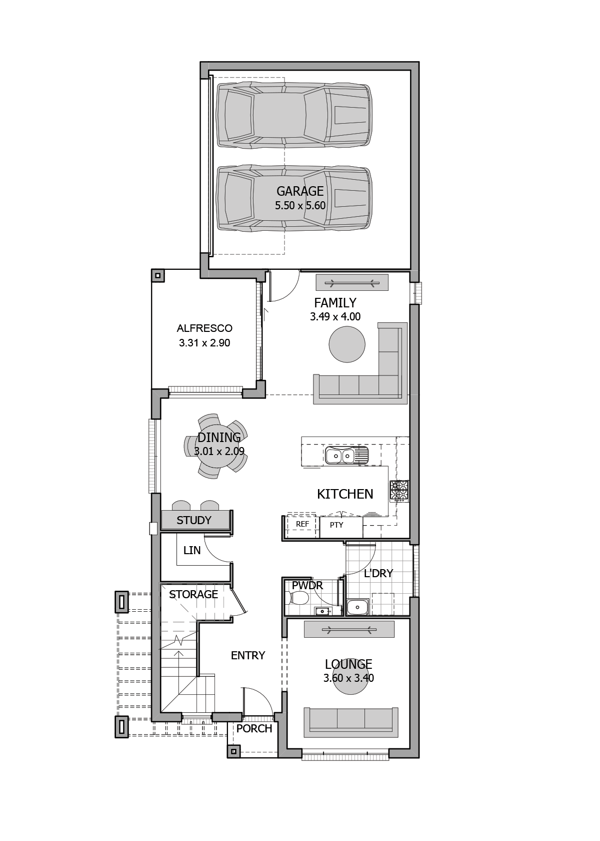 Corso 21 by rawsonhomes.com.au, 3 bedroom 2 bathroom 2 car 2 storey passive solar house plan, 7.4m x 19.23m, from $357,200 - Ground